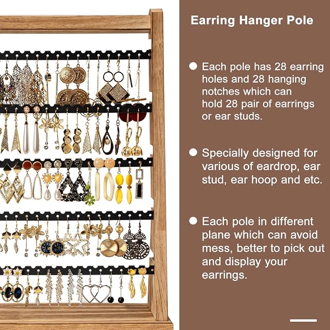 Poyilooo Earring Holder Organizer, Rustic Wood Earring Holder Stand, 5 Layer Jewelry Holder Organizer with 270 Earring Tree Holes Display Rack for Stud Earings & Hoop Earrings, Gifts for Women
