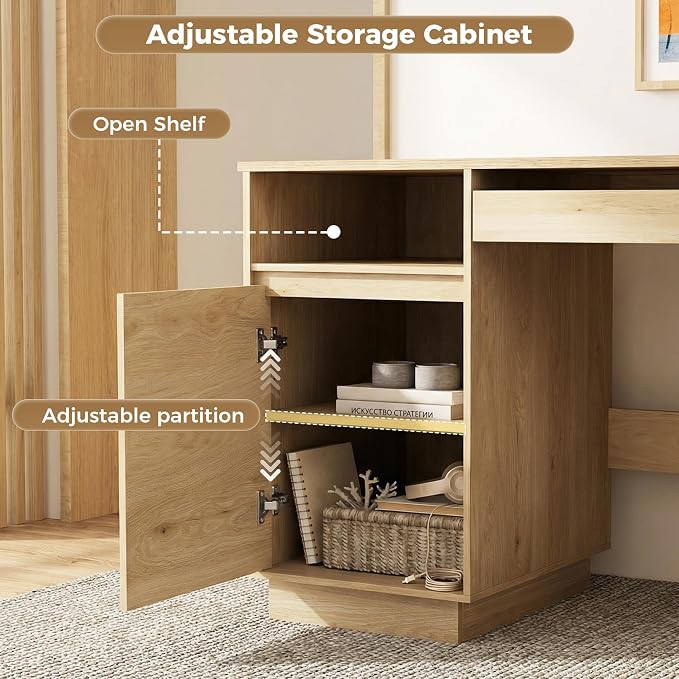 FUNKOCO 58" Modern Executive Desk with Drawers, Office Desk with File Drawer & Open Storage & Power Outlet, Keyboard Tray, Wooden Computer Desk for Home Office & Studio