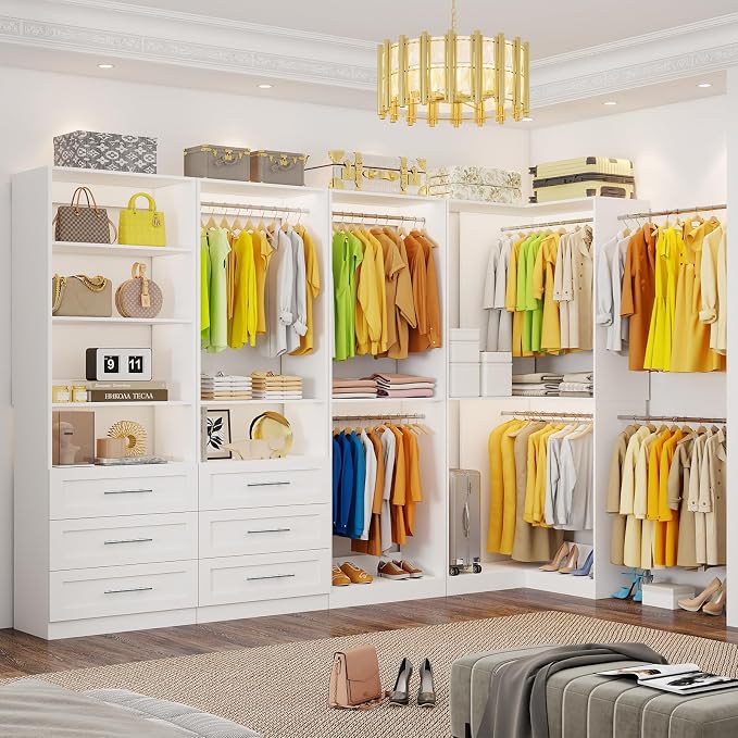 Closet System of 4 Sets with 6 Drawers, 101.9" Walk in Corner Closet System with 9 Hanging Rods & Adjustable Shelves, Custom L-Shaped Modular Closet Organizer System Wood Corner, White