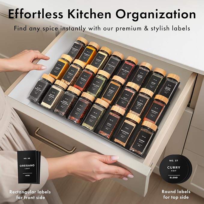 EDELHAUS Glass Spice Jars with Label, 24x Bamboo Wooden Lids - Black Labels | Airtight Lids keep spices fresh, Kitchen Spice Drawer Organizer, 4oz Seasoning Containers incl. Funnel, Brush & 240 Labels
