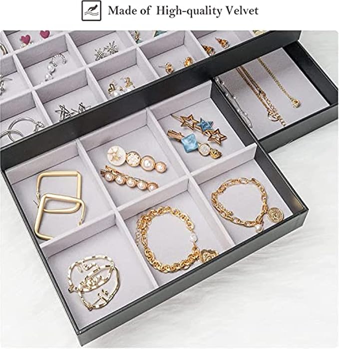 ProCase Stackable Large Jewelry Drawer Organizer, 3 Pack Velvet Jewelry Organizer Tray with Removable Dividers for Earring Necklace Bracelet -Black