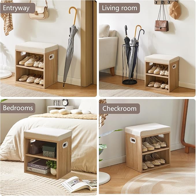 YMYNY Small Shoe Storage Bench with Cushion, Light Natural, HBD028R | 2 Tier Entryway Bench with Storage, Small Shoe Rack Bench with Adjustable Shelf for Entryway 11 x 15.3 x 16.5 Inches