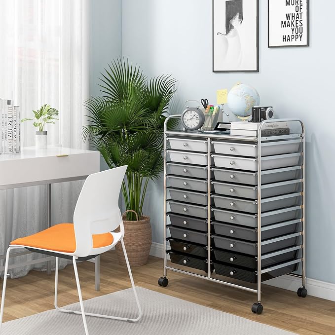 DREAMADE Rolling Cart with Storage Drawers, Utility Cart with Removable Plastic Drawers, Lockable Wheels, Art Cart for Classroom Organization Art Supplies Office Scrapbook (20 Drawers, Mixed-black)