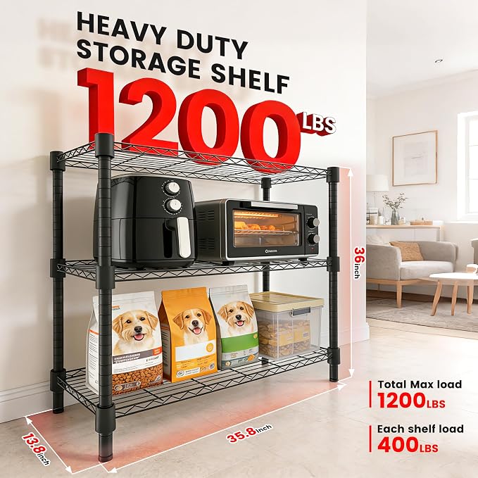Xcity Storage Shelves, 3 Tier Heavy Duty Metal Shelving Unit, 1200 LBS Adjustable Steel Wire Shelf for Commercial, Pantry, Kitchen, Garage, 14" D x 36" W x 36" H, Black