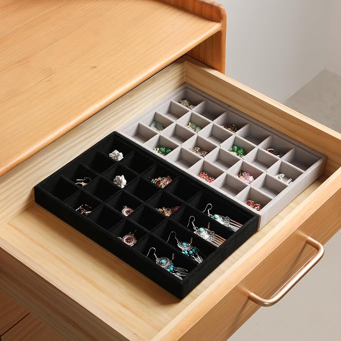 Frebeauty 24 Grid Earring Organizer,Velvet Jewelry Tray for Drawer | Adjustable Dividers,Stackable Design,Drawer Insert for Rings Studs,Vanity Organizer,for Women Girls