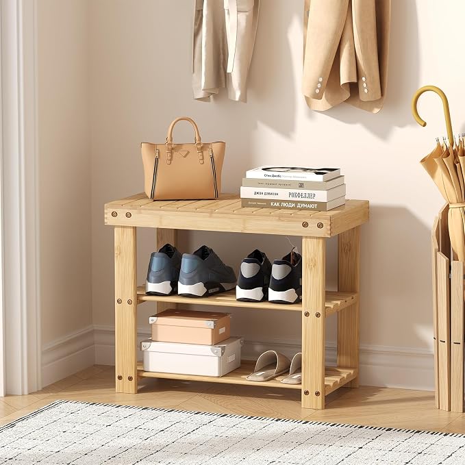 NEWBULIG Shoe Rack Bench, 3-Tier Bamboo Shoe Organizer, Wooden Entryway Storage Bench, 286 lb Load Capacity, 11.2x19.7x17.9 Inches, for Entryway Bathroom Bedroom Balcony, Wood