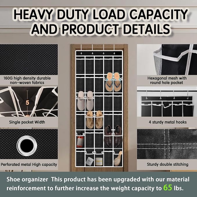 Kotkn Over the Door Shoe Organizer with 30 Breathable Mesh Pockets - Large Capacity Closet Storage for Men & Women, Hanging Shoe Rack Organizer (Solid black)