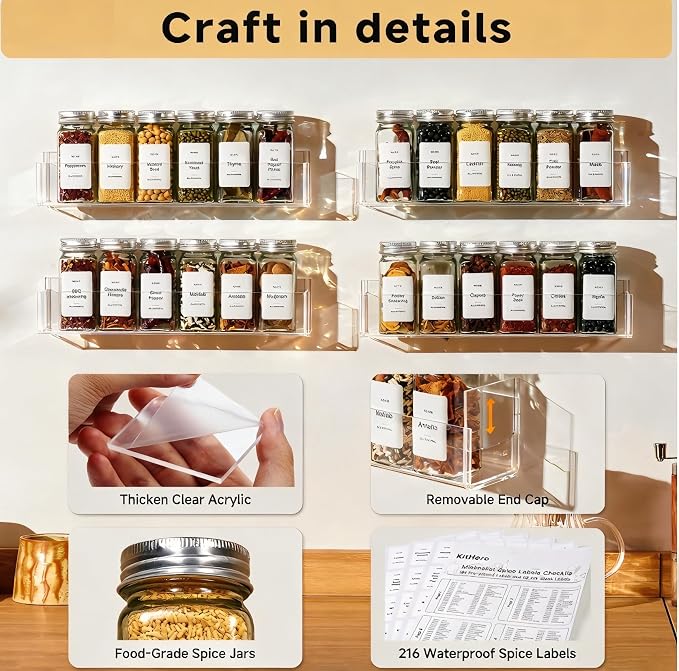 4-Tier Acrylic Wall Mount Spice Rack, Spice Organizer with 24 Glass Jars, 216 Labels & Funnel, Adhesive & Screw Mount Clear Spice Storage for Kitchen Pantry Cabinet, 12”W x 2.2”D x 2.4”H