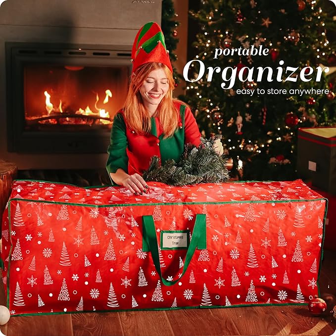 Christmas Tree Storage Bag - Stores 7.5 Foot Artificial Xmas Holiday Tree, Zippered Bag, Durable Waterproof Material, Carry Handles - Protects Against Dust, Insects and Moisture (Red Printed)