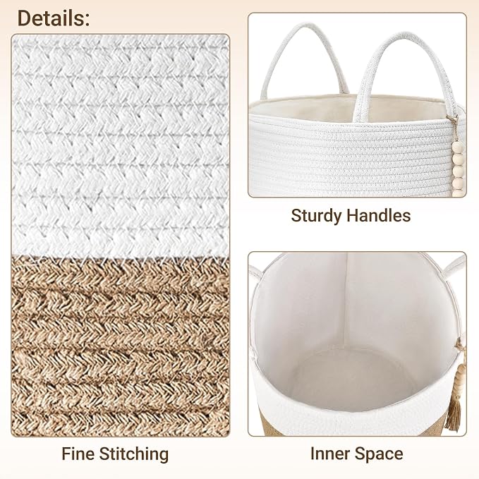 Mkono Woven Storage Basket Decorative Natural Rope Basket Wooden Bead Decoration for Blankets,Toys,Clothes,Shoes,Plant Organizer Bin with Handles Living Room Home, 16" Wx13.8 L, Cream White and Brown