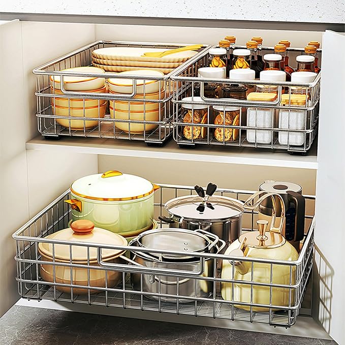 2 Pack Wire Kitchen Storage Basket Pull Out Cabinet Organizer, Perfect Pantry Organization Accessories Baskets for Kitchen, Bathroom, Bedroom