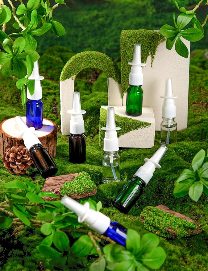 10 Pcs Nasal Spray Bottle, 10ML/0.35OZ Empty Glass Green Nasal Nose Spray Bottles Refillable with 2 Funnels and 2 Labels