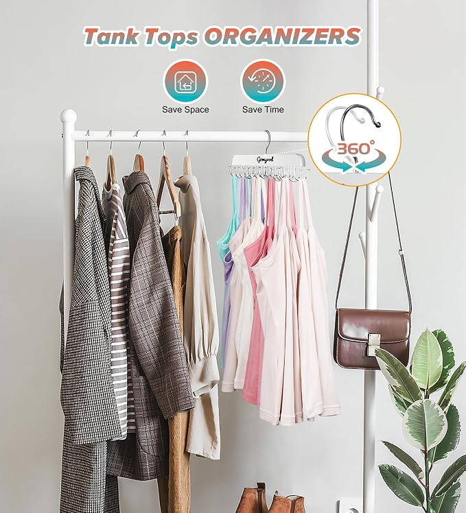 Gomyrod Tank Top Hanger, 2 Pack w/40 Hooks Bra Hanger for Closet Organizer | Premium Wood Space Saving Hanger, 360°Rotating Closet Organizers and Storage, Multi Hook Hanger for Dorm & Apartment, White