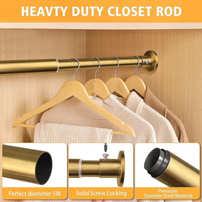 Closet Rods For Hanging Clothes, 17-64 Inch Adjustable Closet Rod, Stainless Steel Heavy Duty Closet Hanging Rod-Gold