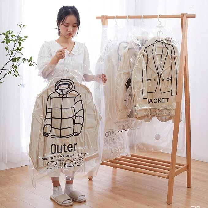 6PCS Hanging Vacuum Storage Bags, Transparent Thick Space Saver Bags, Reusable Compressed for Suits, Dress, Jackets.