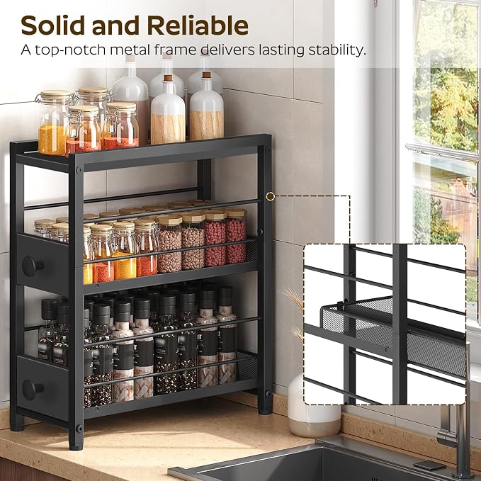YATINEY Spice Rack, 3-Tier Pull Out Spice Rack Organizer for Countertop, Narrow Kitchen Countertop Storage Shelf with 2 Drawers, for Kitchen, Cafe, Black SR02BB
