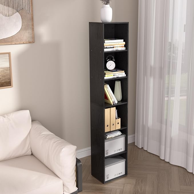 6-Tier Wooden Cube Storage Organizer, 62 Inch Tall Bookcase & Display Shelf with 6 Open Cubes, Freestanding DIY Closet Shelving Unit for Living Room Bedroom Office (Black, 6 Cube-W(11.8inch)