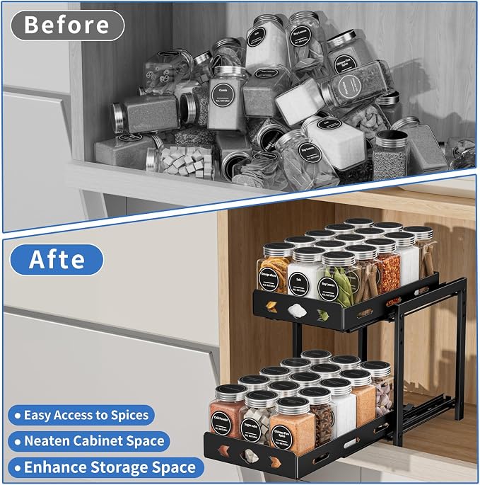 Pull Out Spice Racks for Inside Cabinets, 2 - Tier Cabinet Spice Rack Organizer, Height Adjustable Vertical Spice Rack for Cabinet, Kitchen, Pantry, Cupboard (7.5''Wx10.8''Dx9.2''H, Metal Black)