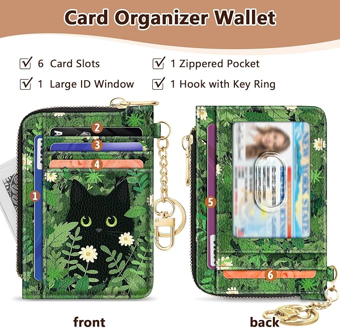 GIANCOMICS Slim Wallet Credit Card Holder Women, Black Cat Flower Rfid Blocking Small Card Case, Keychain Thin Pocket Curved Zipper Wallet, Travel Card Holder PU Leather ID Window, Ladies Female Gift