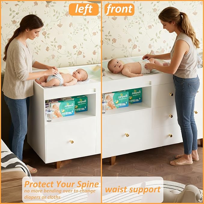 Wooden Baby Changing Table Dresser,Diaper Changing Table with Large Tabletop,4 Drawers, Open Storage Space & Side Shelves,Modern Storage Crib with Changing Table for Nurseries and Baby Rooms,White