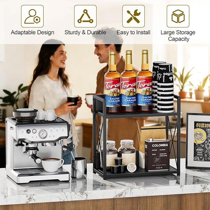 Giikin Kitchen Countertop Organizer, 2 Tier Coffee Bar Organizer, Black Spice Rack for Counter, Kitchen Counter Shelves, Particleboard,15.8" L x 7.9" W x 15.8" H (Black, L)