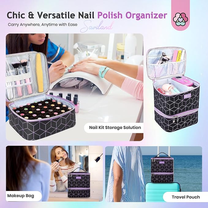 SAVILAND Nail Polish Organizer Bag: PU Leather Nail Kit Organizer Holds 30 Bottles & Nail Lamp, Black Nail Supply Organizer Nail Polish Carrying Case Gel Nail Organizers and Storage Box for Nail Tech