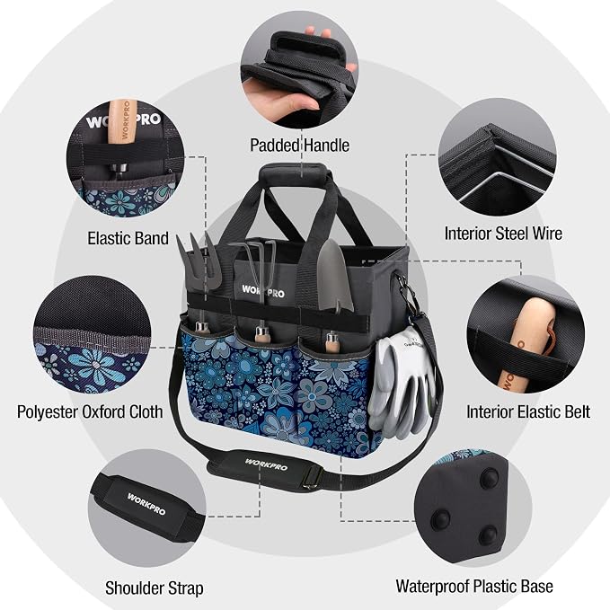 WORKPRO Garden Tool Bag, 10 Pockets and Shoulder Strap, Floral Blue | Heavy Duty Gardening Organizer Tote Bag Standable Garden Home Tool Kits Organizer (Tools are not Included)