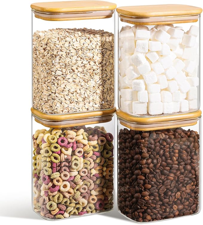 ComSaf Glass Storage Containers wtih Lids 1.2 Qt, Set of 4 Food Storage Jar | Rectangle Glass Pantry Storage Containers, Kitchen Storage Container, Cereal Container Storage, Flour , Sugar, 37oz, BPA Free