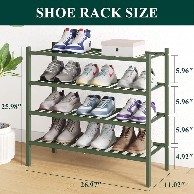 Smiry Bamboo Shoe Rack for Closet, 4 Tier Wooden Shoe Organizer, Stackable Wood Shoe Storage Shelf for Entryway, 14 Vertical Slats, 2+2 Stack Heavy-Duty Legs, 26.77"x11.02"x25.98", Green