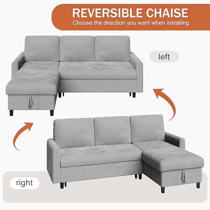 Vongrasig Pull Out Couch, 2 in 1 Small Sofa Bed Sleeper Sofa with Storage, 77" L Shaped Convertible Sofa with Storage Chaise for Living Room, Apartment, Light Grey