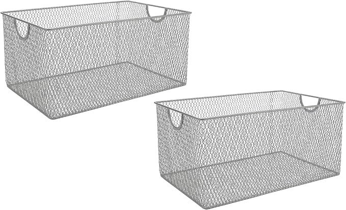 YBM HOME Kitchen Pantry Organizer Wire Basket for Shelves, Cabinets, Pantry, Countertop, Mesh Open Storage Bin Metal Basket for Organizing Food Supplies 12 x 7.8 x 5.8, 2 Pack, Silver