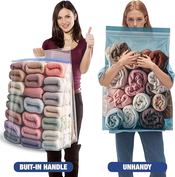 25 Gallon Jumbo Storage Bags, 35" x 24" Clear Plastic Zipper Bags with Handles, Extra Heavy Duty Large XL for Travel, Moving, Clothing, 6 Packs