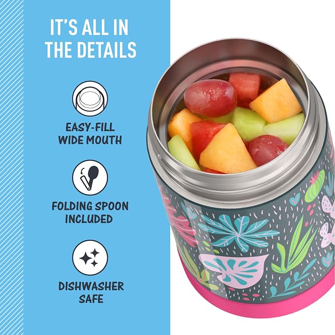 THERMOS FUNTAINER Insulated Food Jar – 16 Ounce, Tropical Foliage – Kid Friendly Food Jar with Foldable Spoon