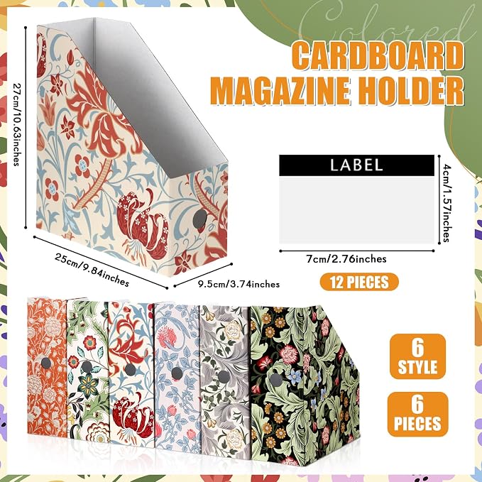 PerKoop 6 Pcs Decorative Magazine File Holders Floral Foldable File Folders Magazine Storage Boxes Rack Desk Organizer Documents with Printable Labels for School Office Home (Floral)