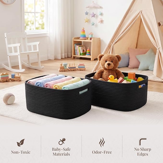 5-Pack Large Woven Rope Storage Baskets, 2 Sizes Organizer Bins | Fabric Cube Boxes and Rectangular Shallow Bins for Closet, Shelf, Bookshelf, Nursery, Changing Table, Bathroom, Toys & Home