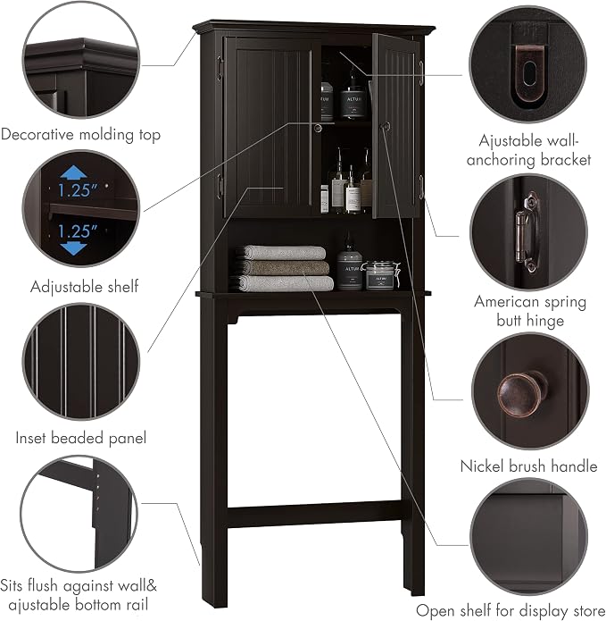 UTEX Above Toilet Storage Cabinet, Bathroom Organizer with Doors, Espresso | FSC-Certified MDF, Bathroom Space Saver with Adjustable Shelves, Beadboard Doors, Anti-Tip Bracket, Adjustable Bottom Rail