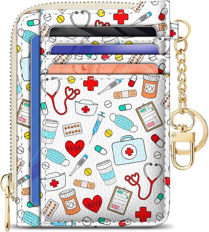 GIANCOMICS Slim Wallet Credit Card Holder Women, Nurse Rfid Blocking Small Card Case, Keychain Thin Pocket Curved Zipper Wallet, Travel Card Holder PU Leather ID Window, Ladies Female Gifts