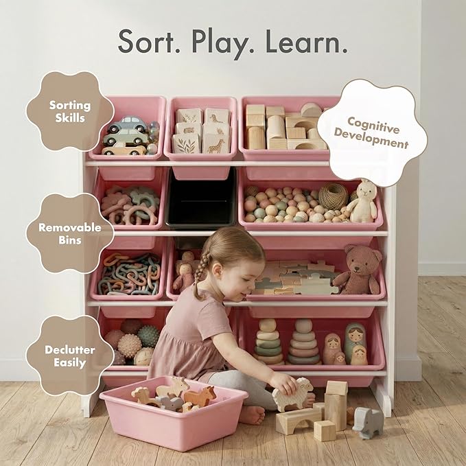 Humble Crew Toy Storage Organizer with 12 Removable Storage Bins for Kids Playroom, 4-Tier Toddler Toy Organization and Storage, White/Pink/Purple/Turquoise