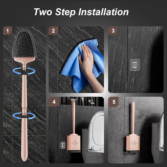 Sellemer Silicone Toilet Brush, Ventilation Slots Holder 1 Pack, Rose Gold | Flexible Bristles Flat Head for Rim, Hair Tangle-Free, Easy to Clean, Compact Design, Rustproof Handle, for Toilet/Sink/Tub