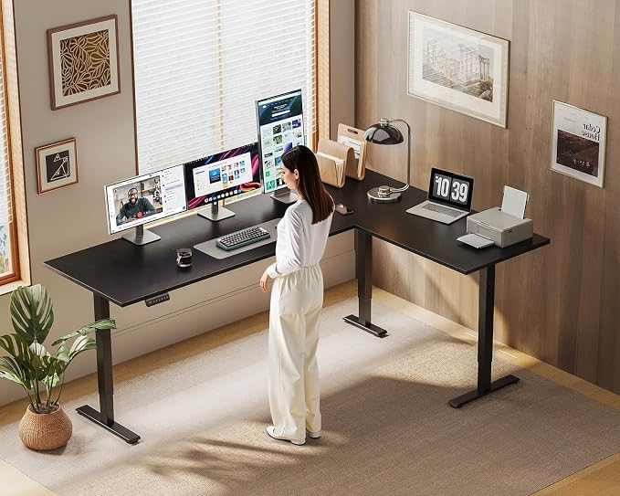 OffiGo 71 Inch Reversible L Shaped Electric Standing Desk, Black | Large Corner Height Adjustable Stand Up Desk, 3 Memory Presets, Sit Stand Table, Reinforced Frame for Home Office Workstation