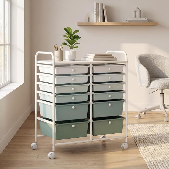 GOFLAME 12-Drawer Rolling Storage Cart, Multipurpose Organizer with 2 Sizes Plastic Drawers, Mobile Utility Cart with Lockable Casters for Home, Office, Beauty Salon, School, Green Gradient
