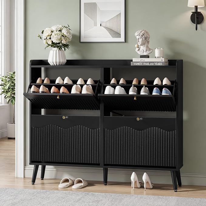 BERRYMERRY 47.2” Shoe Storage Cabinet for Entryway with 4 Flip Drawers, Narrow Shoe Organizer with Wave&Fluted Panel, Freestanding Wood Hidden Shoe Cabinet for Hallway