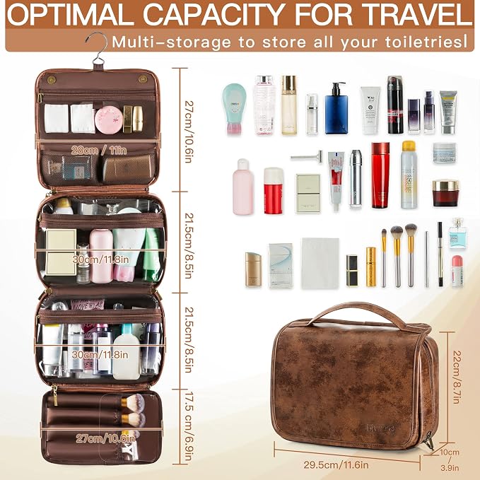 Elviros Hanging Toiletry Bag Removable Travel Bag PU leather Makeup Cosmetic Organizer Kit, Dark Brown | Removable Travel Organizer Bag for Cosmetics, Toiletries, Makeup Tools, and Daily Essentials with Easy Carry Design