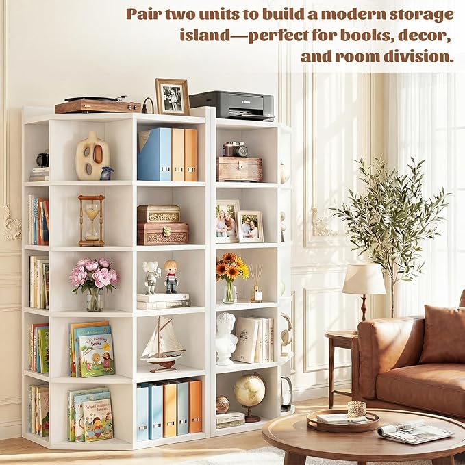 Aheaplus Corner Cube Book Shelf, 6-Tier Corner Cabinet with Power Outlets, Corner Cube Storage Shelf with Top Table, Wooden L Shaped Cubby Bookcase for Home Office, Bedroom, Living Room, White