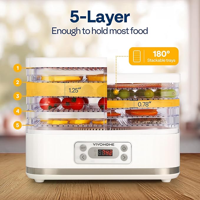 VIVOHOME Electric 5 Trays Food Dehydrator Machine, 400W Hydrator Machine with 72H Digital Timer and Temperature Control for Fruit Vegetable Meat Jerky Herb Beef Mushroom, White
