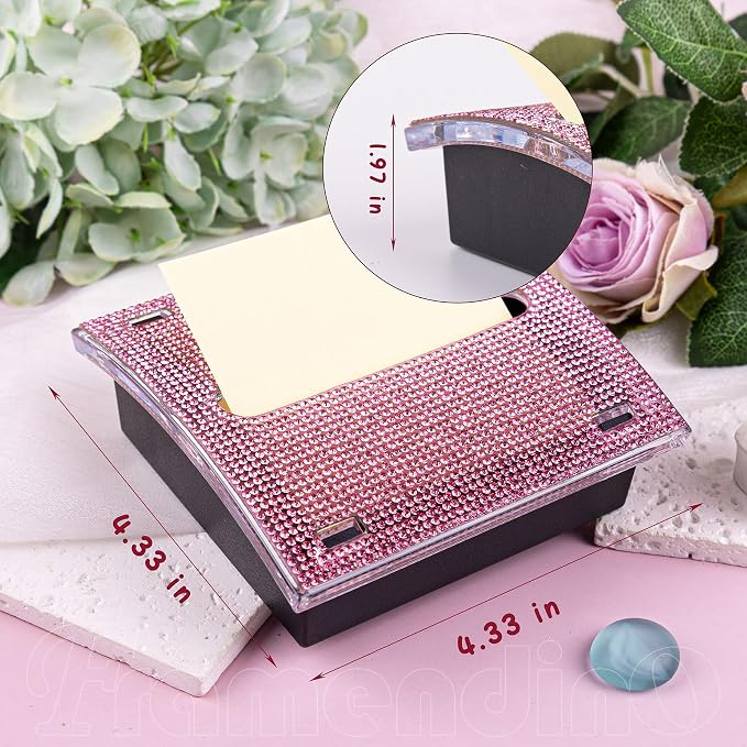 Framendino, Bling Self Sticky Note Holder 3 x 3 Inch Crystal Post It Notes Dispenser for Office Home Desk Accessories (Pink)