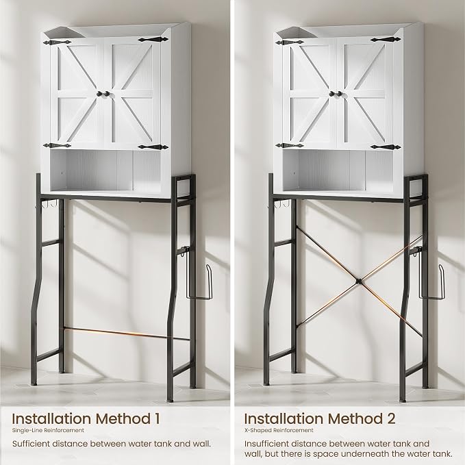 Memobarco Over The Toilet Storage Cabinet with 2-Door & Metal Stand, White | Toilet Paper Holder, 3 Extra Hooks, Anti-Tipping Device, With Adjustable Shelves, for Bathroom, Restroom, Laundry