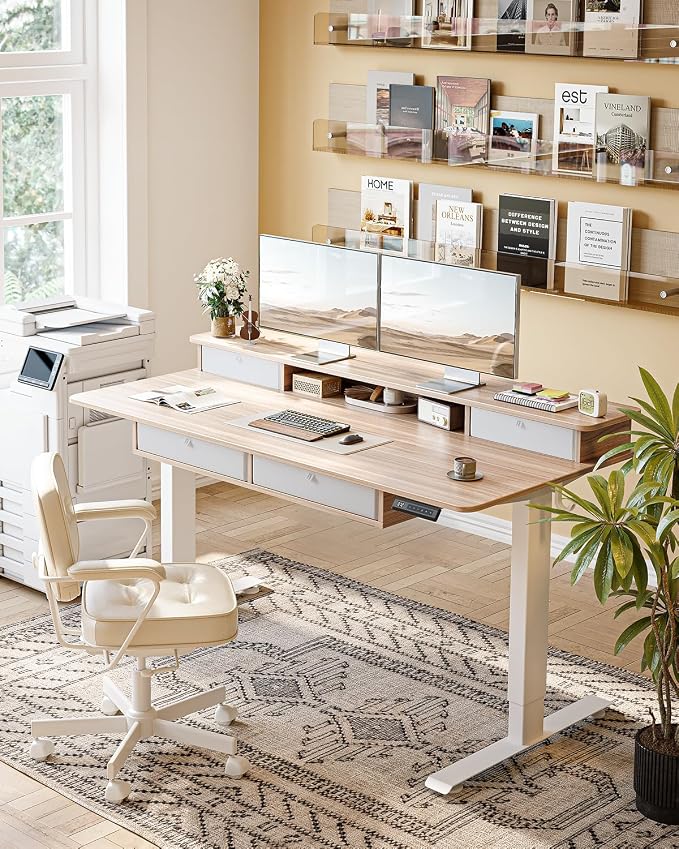 FEZIBO 55 x 30 inch Standing Desk with Drawers, Height Adjustable Electric Workstation, Computer Sit Stand Up Table with Large Storage Shelf 4 Drawers and 2 Hooks, Light Rustic Brown