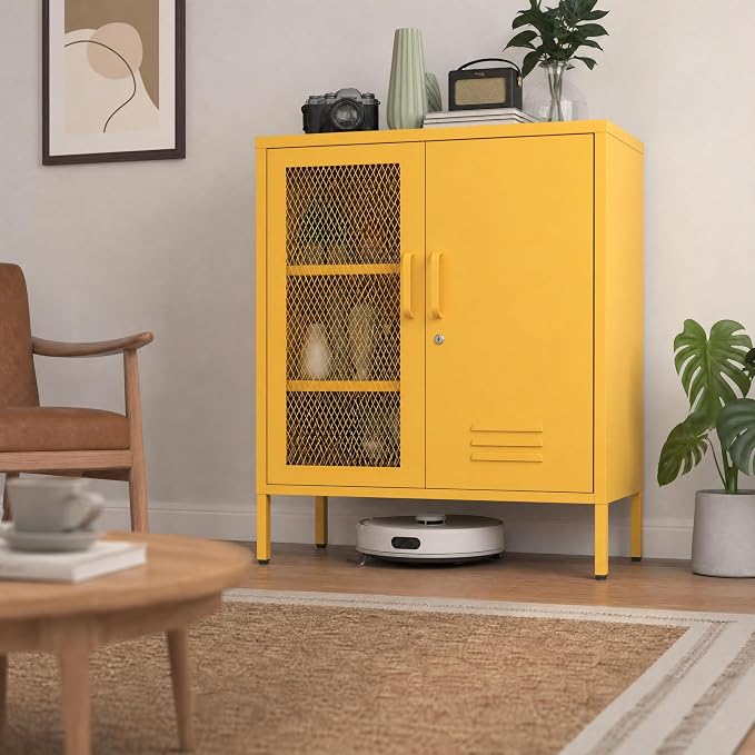 Yellow Lockable Metal Storage Cabinet, Multi-Functional Locker with Adjustable Shelf,Metal Double Door Sideboard for Kitchen Home Office Size：33" H X 29.5" W X 13.8" D