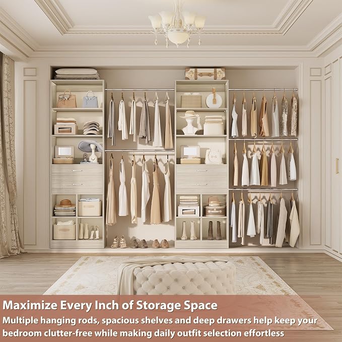 Besiost Closet System, 7.4ft-10ft with 4 Wooden Drawers and 5 Hanging Rods, Can Fit 88 to 123 inch Walk-in Closet System, White Oak